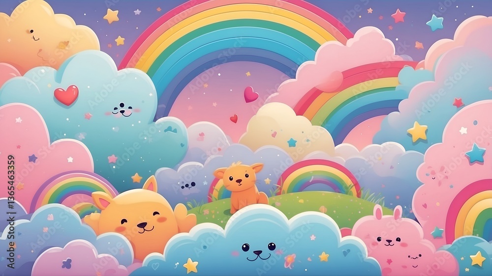 colorful and playful background with pastel rainbow gradients, fluffy clouds, and cute hand-drawn doodles like stars, hearts, and smiling animals colorful and playful background with pastel rainbow gradients, fluffy clouds, and cute hand-drawn doodles like stars, hearts, and smiling animals