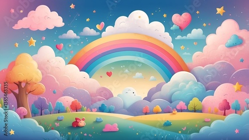 colorful and playful background with pastel rainbow gradients, fluffy clouds, and cute hand-drawn doodles like stars, hearts, and smiling animals