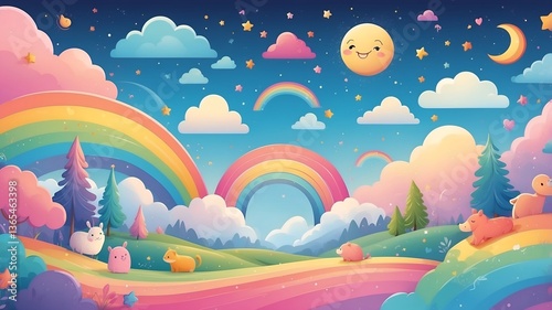 colorful and playful background with pastel rainbow gradients, fluffy clouds, and cute hand-drawn doodles like stars, hearts, and smiling animals