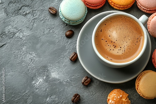 Delicious Coffee With Colorful Macarons and Coffee Beans on a Textured Surface