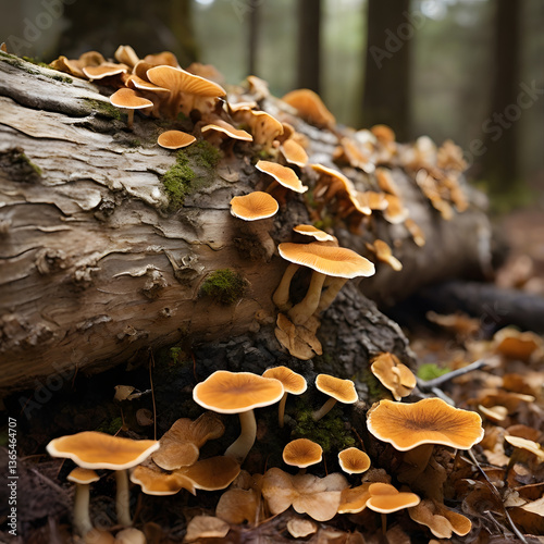Mushroom Colony on Fallen Tree: Detailed photo captures the intricate patterns of fungi clustered on a fallen tree, showcasing the cyclical beauty of nature and forest ecosystem. photo