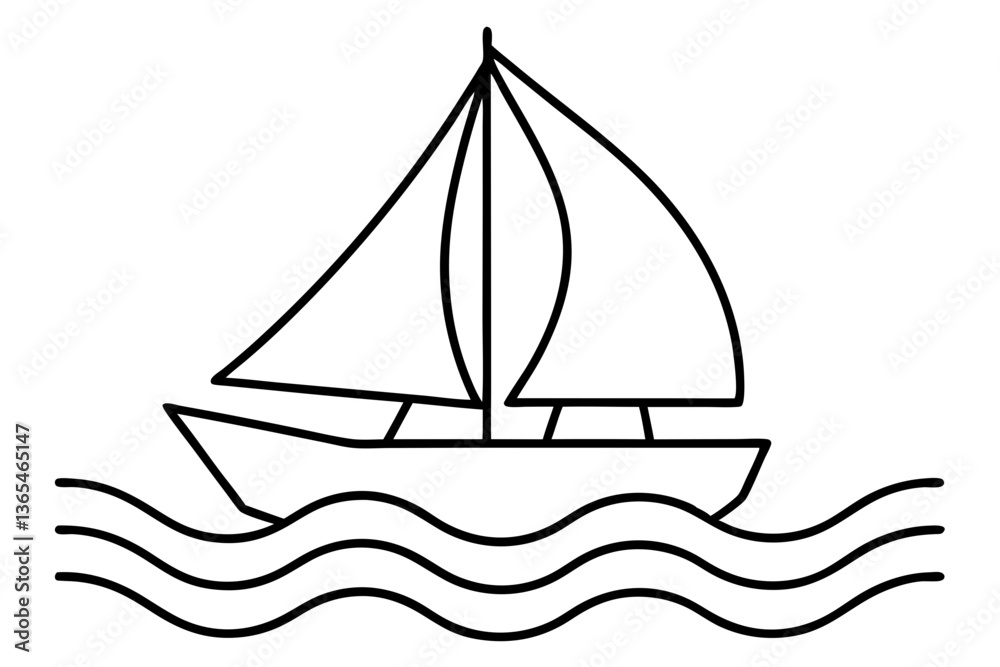 Fototapeta premium sailing boat with gentle waves in line art vector illustration