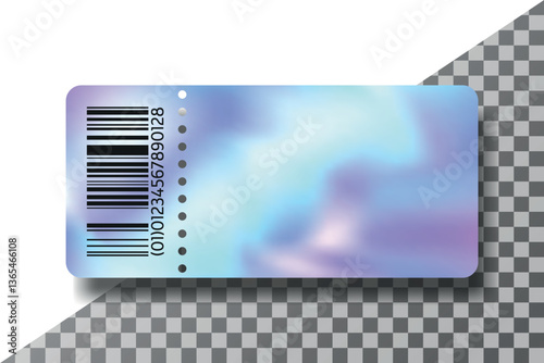 Holographic coupon or ticket with barcode, perforated edge, and soft gradient background. Isolated on transparent background with shadow effect.