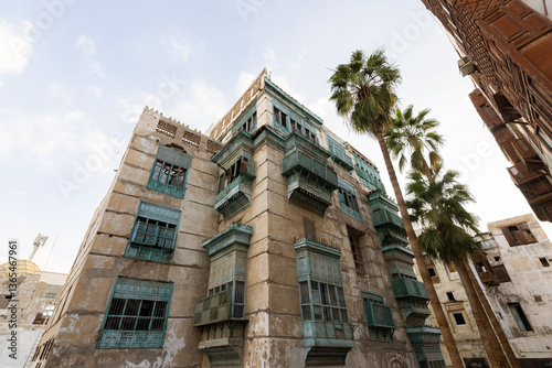Old town of Jeddah with th historic wooden balconies in the Al Balad district, Saudi Arabia