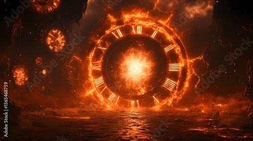 A dramatic clock set in flames representing the fiery nature of time and the portal to a new dimension beyond photo