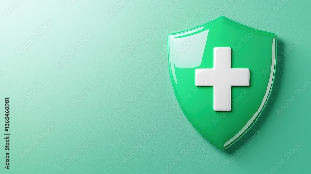 Fototapeta premium A glossy green shield with a white cross, symbolizing health and safety, set against a soft mint-colored background.