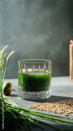 Fresh Green Drink With Ingredients Displayed on a Textured Surface in Natural...