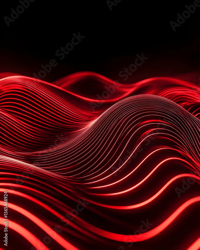 Abstract red glowing wave lines on black background