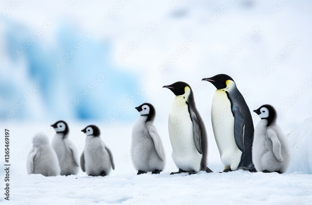 Fototapeta premium A group of emperor penguins and their chicks, all standing in the snow against 
