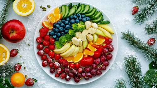 Colorful plate with fresh fruits and vegetables on a gray background, top view