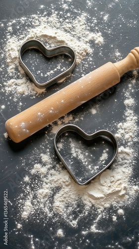 Flour and Heart-Shaped Cookie Cutters on a Kitchen Countertop With a Rolling ...