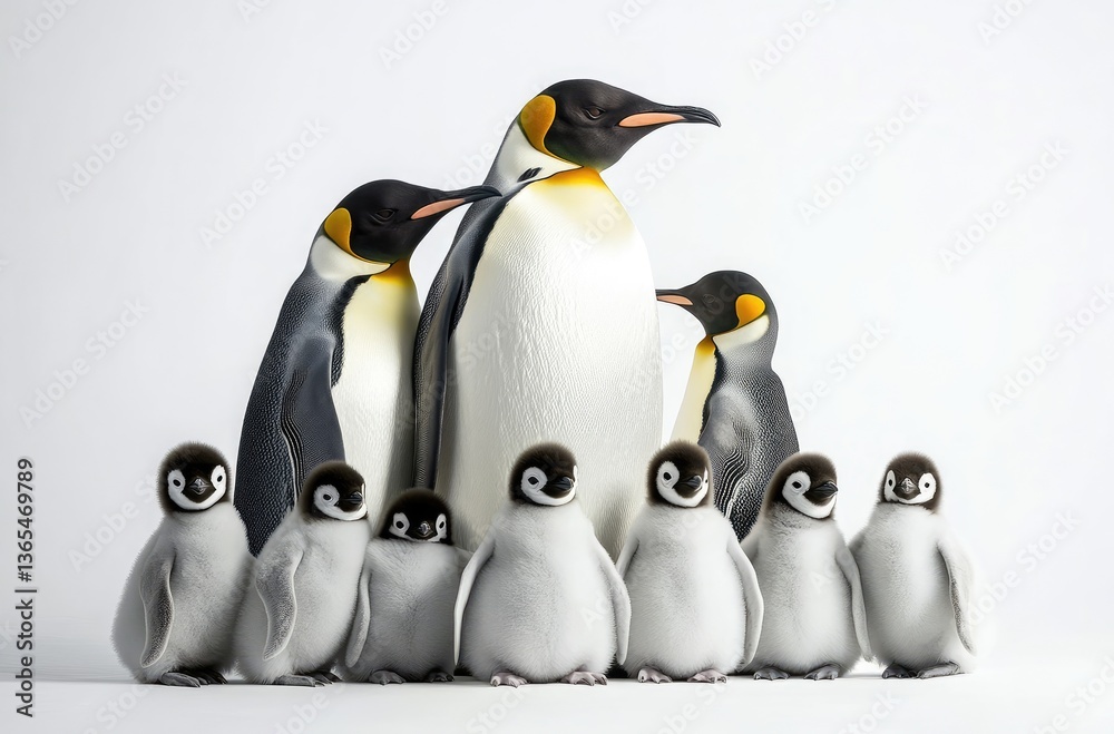 Fototapeta premium A group of emperor penguins and their chicks, all standing in the snow against