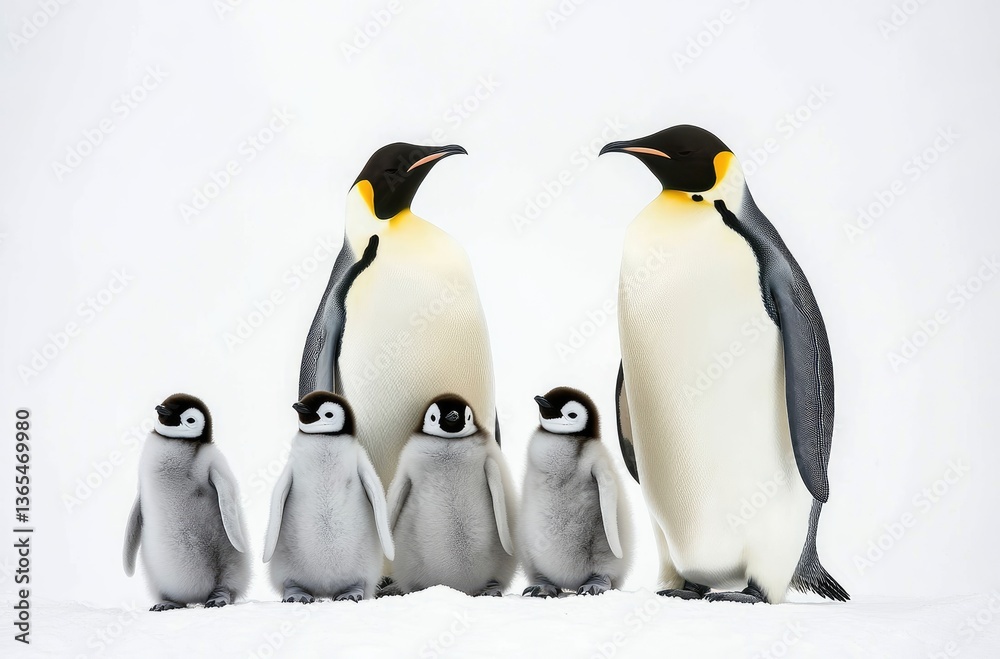 Fototapeta premium A group of emperor penguins and their chicks, all standing in the snow against 