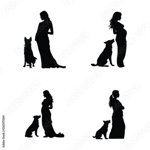 Pregnant woman with dog Vector silhouette set clipart on a white background