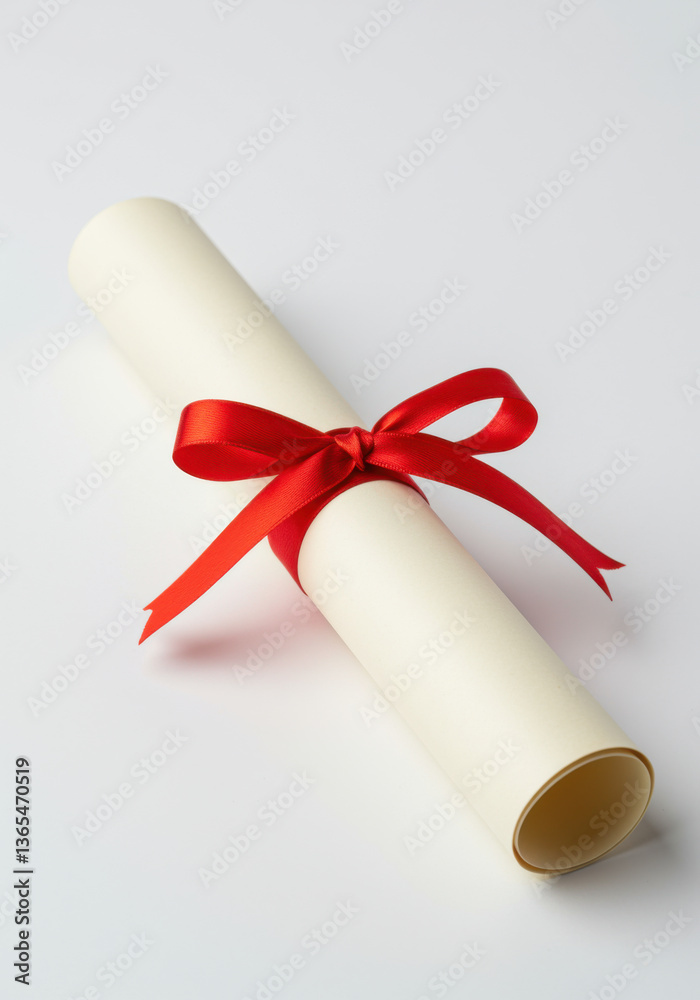 Rolled diploma tied with red ribbon isolated on white background symbolizing education, honor and academic success Rolled diploma tied with red ribbon isolated on white background symbolizing education, honor and academic success