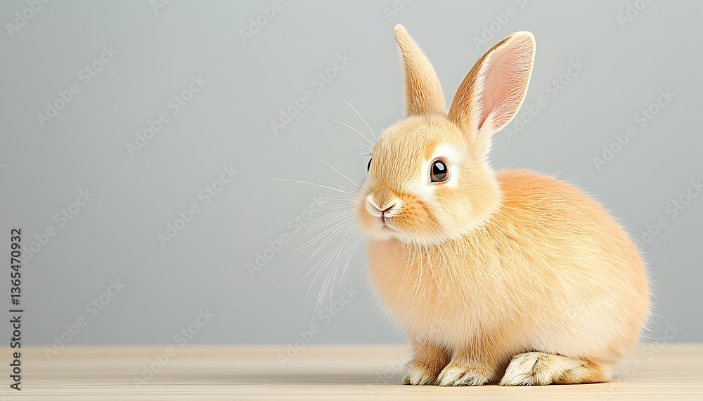 Fototapeta premium Adorable light brown bunny rabbit sitting on light wood surface against a gray background