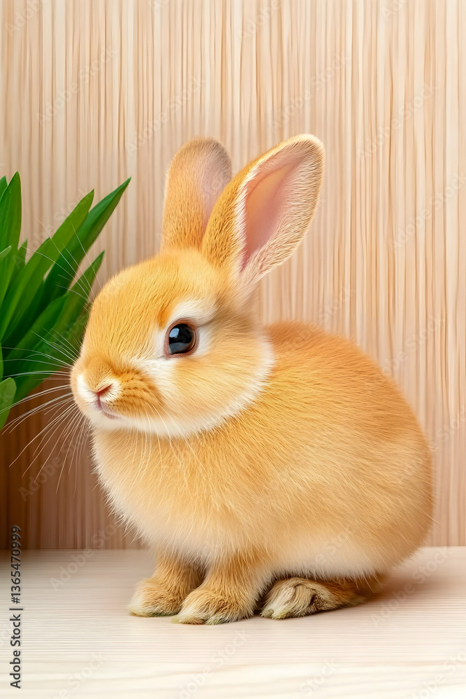 Obraz premium Adorable orange bunny sitting near green plant on wooden shelf