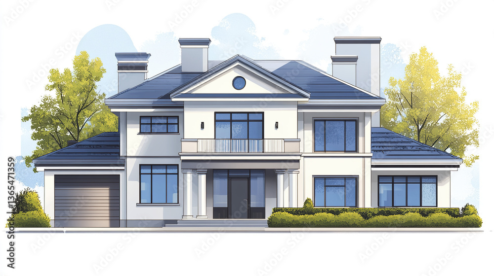 Elegant residential house with blue roof and lush greenery Elegant residential house with blue roof and lush greenery