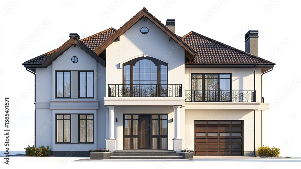 Elegant two story house with large windows and tiled roof Elegant two story house with large windows and tiled roof