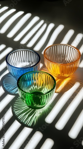 Colorful Glass Cups Casting Shadows on a Surface During Daylight