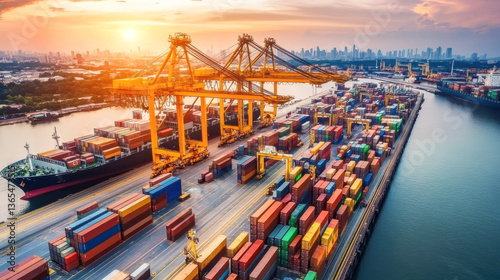 Logistics, container Cargo ship transportation with working crane bridge in deep sea port for import export.