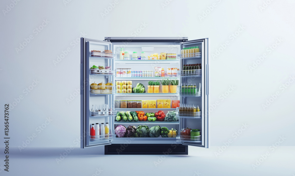 Organized refrigerator filled with fresh produce, beverages, and condiments. Brightly lit shelves display fruits, vegetables, dairy, and drinks. Organized refrigerator filled with fresh produce, beverages, and condiments. Brightly lit shelves display fruits, vegetables, dairy, and drinks.