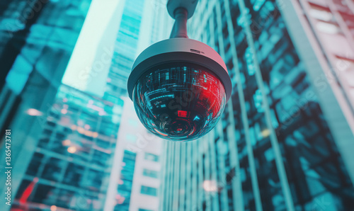 Surveillance camera monitoring urban environment, futuristic design, glass buildings, blue and red tones, high-tech security