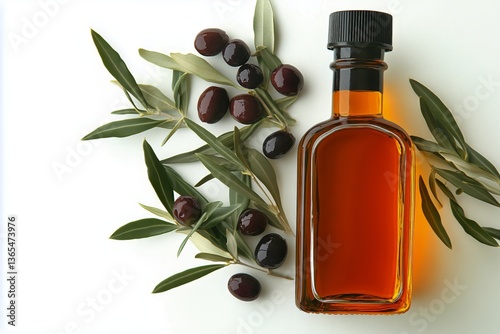 Olive Branch With Dark Berries and a Glass Bottle Filled With Oil on a Light ...
