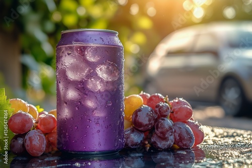Refreshing Beverage Can With Droplets Beside Fresh Grapes and Ice on a Warm Day