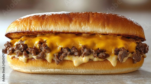 Philly Cheesesteak sandwich with finely chopped beef, melted cheddar cheese, and a creamy white sauce on a shiny, fresh long sandwich bun,