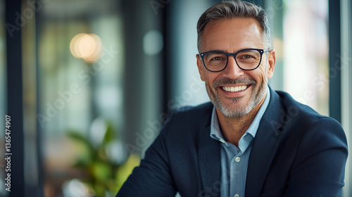 Professional Businessman in Modern Office Setting with Genuine Smile photo