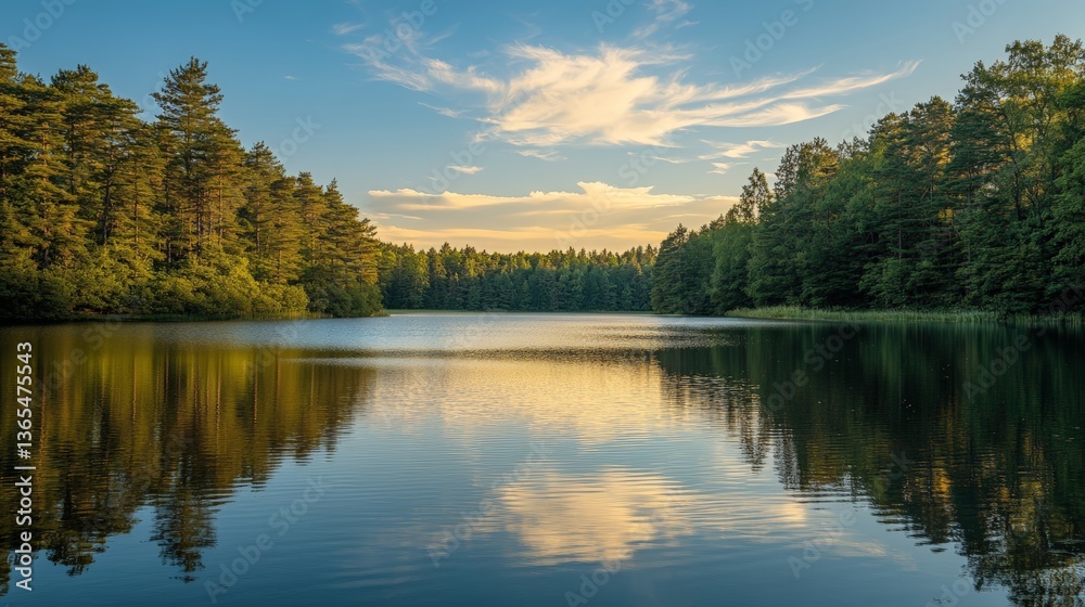 Obraz premium Serene forest lake at sunset with reflective trees and vibrant sky