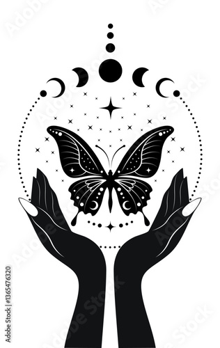 Mystical Moon Phases and sacred butterfly in hands of fortune teller. Magic celestial clipart of yoga, spa, beauty salon, cosmetics, relax, brand style, tattoo. Logo Isolated on white background