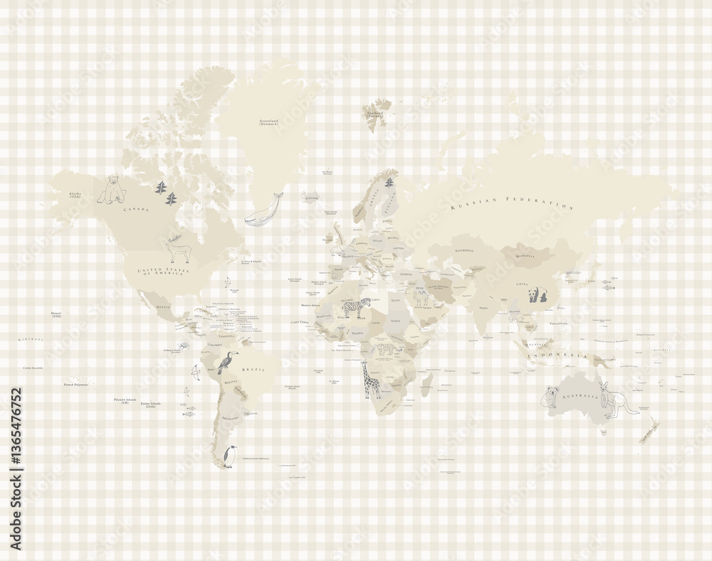 Fototapeta premium Neutral World Map with Animals | Beige Aesthetic Kids Map | Educational Printable for Nursery, Playroom & Classroom Decor