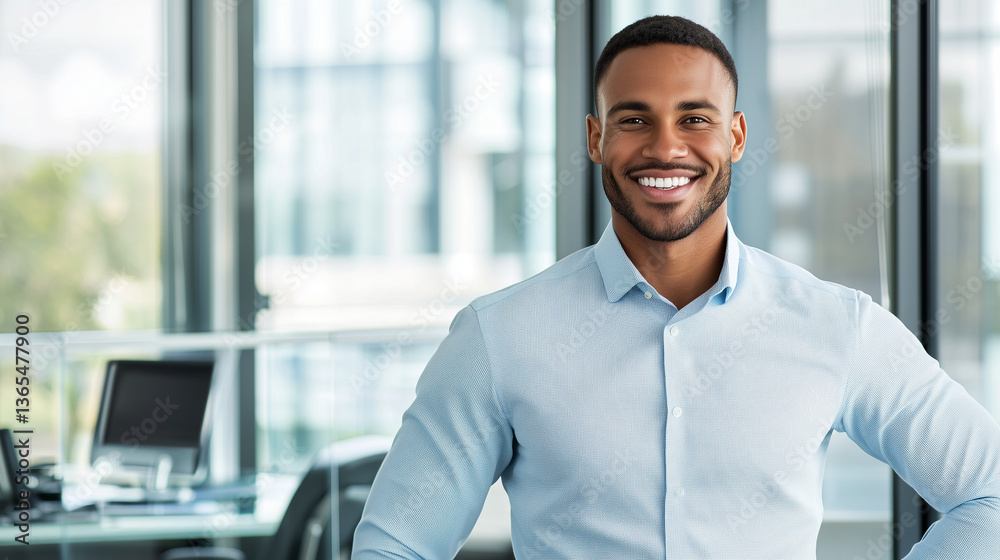 Fototapeta premium Confident businessman in modern office with warm smile and professionalism