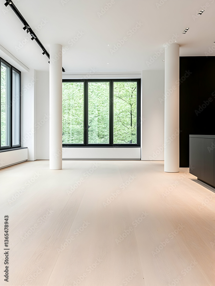 Bright, minimalist empty room with large windows, light wood floors, and white columns