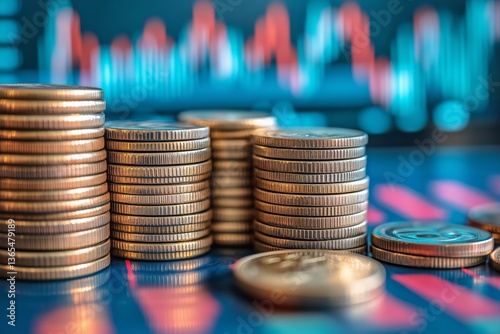 Stacks of Coins Positioned in Front of Financial Market Graphs During Trading...