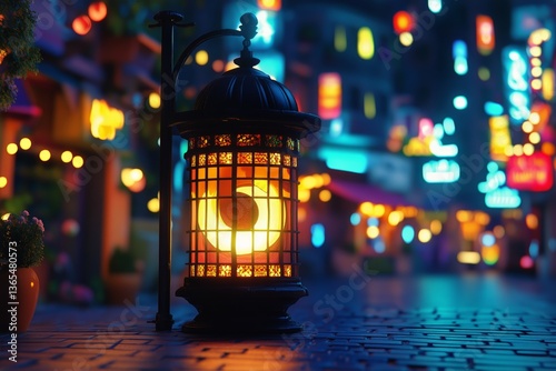 Enchanting Night in a Tranquil Village With Illuminated Lanterns and a Cresce...