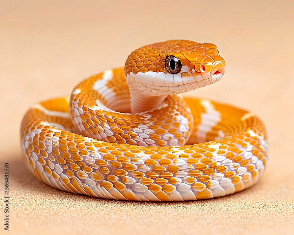 Fototapeta premium Close-up of an orange and white snake coiled on a sandy surface