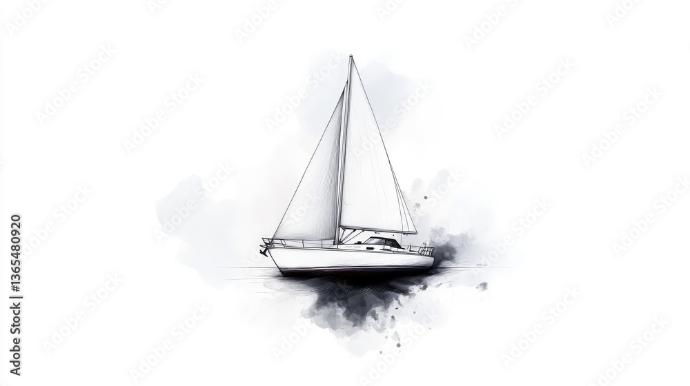 Fototapeta premium Monochromatic sailboat sketch with artistic water effects