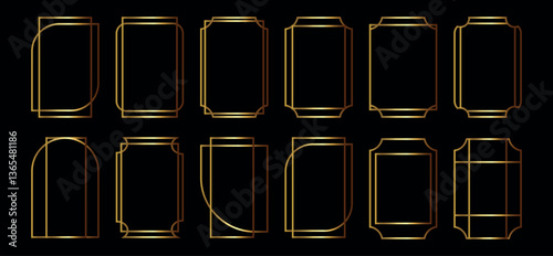 Geometric line frame rectangle vintage. Frame art deco minimalism. Printgold frame, set of thin liner gold frames, boho, islamic, thin line, editable, elegant with glitter, geometric, gold background