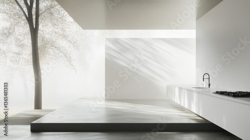 Front view on bright kitchen room interior with empty white wall  panoramic window  sink  gas cooker  concrete floor. Concept of minimalist design. Space for creative idea. Mock up. 3d rendering