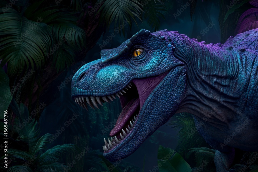 A Tyrannosaurus rex roaring on a misty jungle cliff, with its sharp teeth glistening in the sunlight A Tyrannosaurus rex roaring on a misty jungle cliff, with its sharp teeth glistening in the sunlight