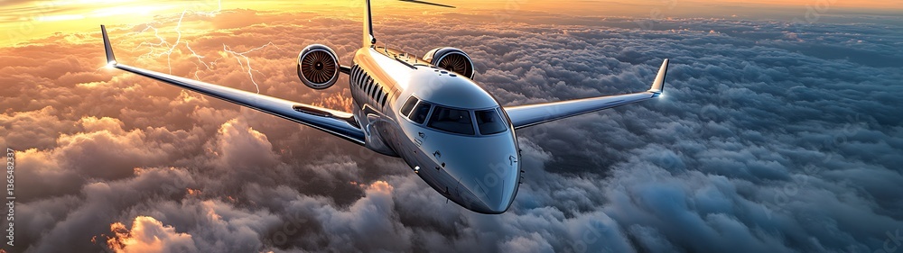 Fototapeta premium A silver jet aircraft flies above the fluffy cloud formations