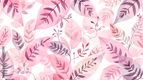 Watercolor pattern pink leaves white background