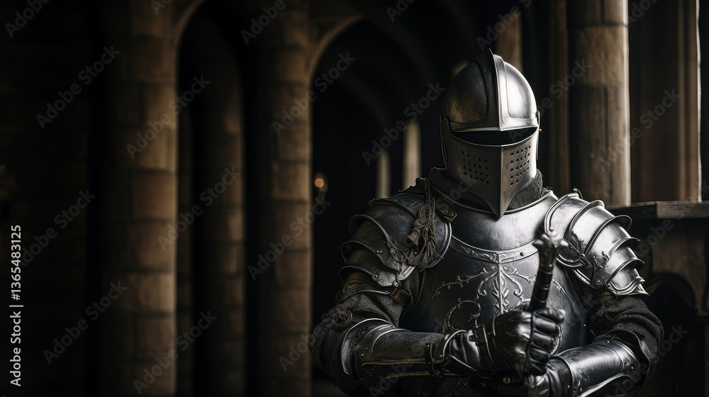 Medieval knight in full armor standing in a historic castle courtyard. Medieval warfare and chivalry concept, background with copy space Medieval knight in full armor standing in a historic castle courtyard. Medieval warfare and chivalry concept, background with copy space