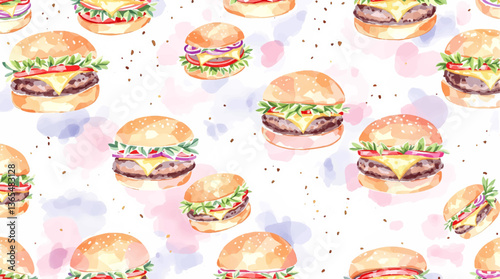 Watercolor pattern a burger on white background	