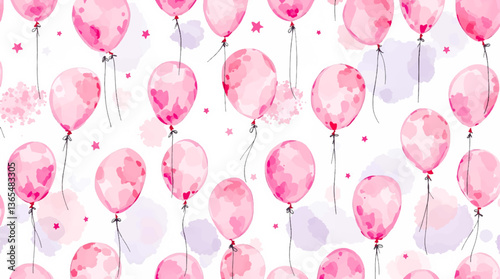 Watercolor Pink balloons on a white background. Seamless pattern