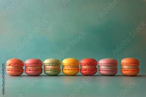 Colorful Macarons Arranged in a Row on a Blue Surface Showcasing Vibrant Past...