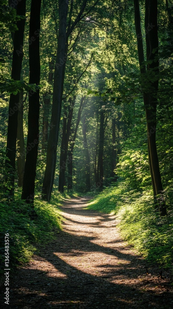 Obraz premium Sunlit forest pathway in lush green woodland
